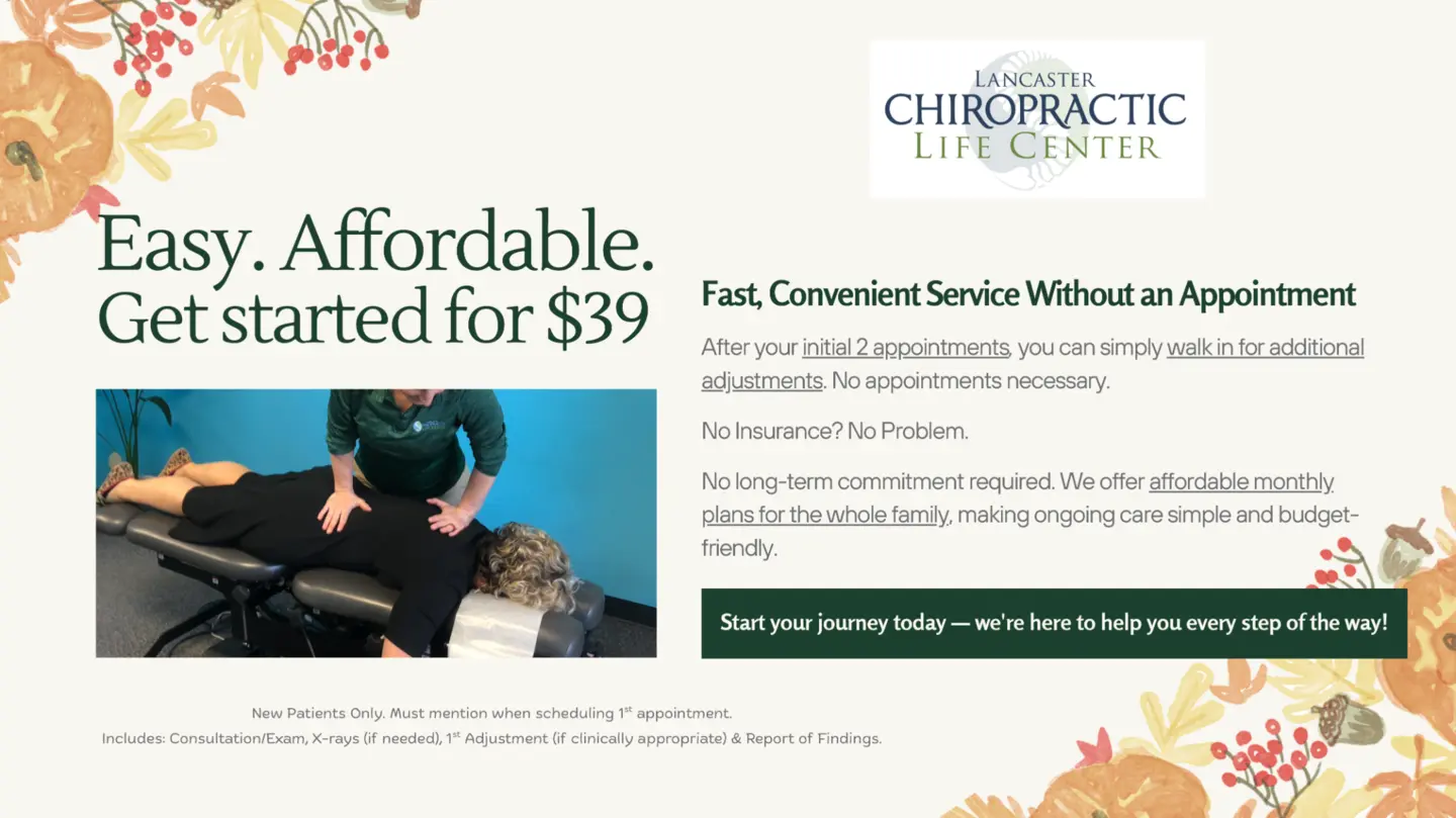 Promotional graphic for Lancaster Chiropractic Life Center offering new patients a consultation, exam, possible X-rays, first adjustment, and report of findings for $39.